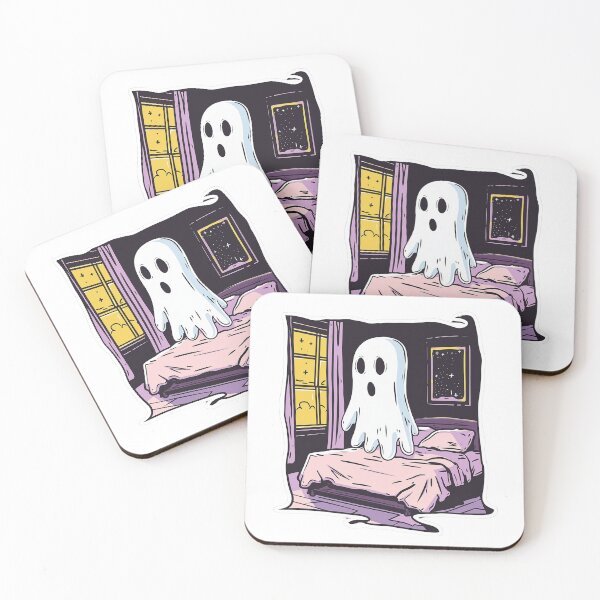 Item preview, whimsical ghost floats above bed in dimly lit room, with window revealing starry night outside designed and sold by put1mali19.