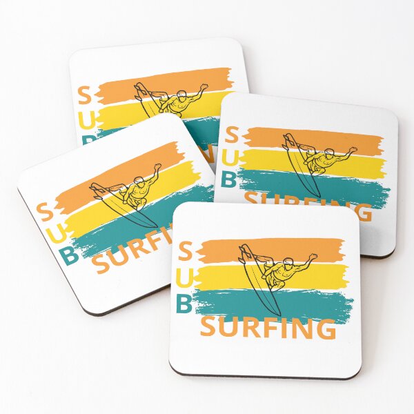 Item preview, Vibrant design of surfer doing a trick, with retro background and the word "SUB SURFING" written in different colors. SUB SURF. designed and sold by StyleFused.