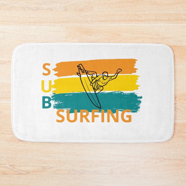 Item preview, Vibrant design of surfer doing a trick, with retro background and the word "SUB SURFING" written in different colors. SUB SURF. designed and sold by StyleFused.