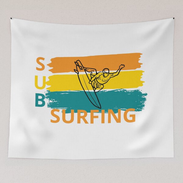 Item preview, Vibrant design of surfer doing a trick, with retro background and the word "SUB SURFING" written in different colors. SUB SURF. designed and sold by StyleFused.