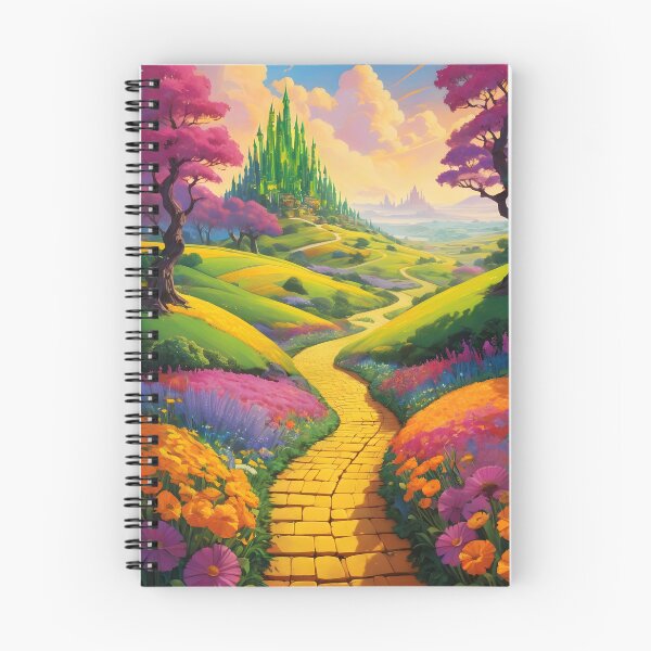 Artikelvorschau, Cartoon-gelbe Ziegelstraße gepflastert mit bunten Blumen und rosa Bäumen, die zur Emerald City führt entworfen und verkauft von EmeraldeaDesign.