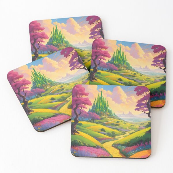 Item preview, Cartoon yellow brick road paved by colorful flowers and pink trees leading to Emerlad city designed and sold by EmeraldeaDesign.