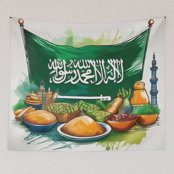 Item preview, Saudi Flag with Traditional Feast – Middle Eastern Pride designed and sold by RaiyaTees.