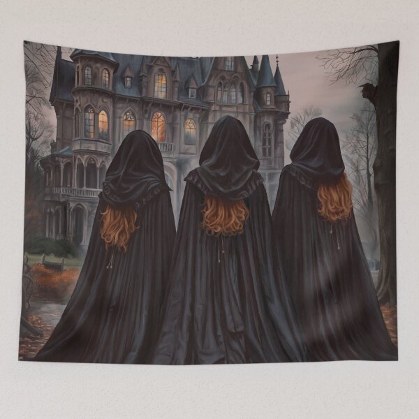 Item preview, Safe As Houses - Digital painting of three witches standing in front of a gothic mansion designed and sold by EmilyDewsnap.
