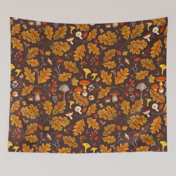 Item preview, Forest mushrooms and autumn flora on brown designed and sold by Katerina Mitkova Kirilova.