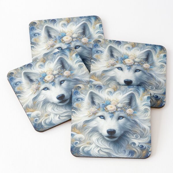 Item preview, Mystical White Wolf in the style of Claude Monet: Majestic Mane & Floral Art in Blue-Gold designed and sold by FotoworldEdel.