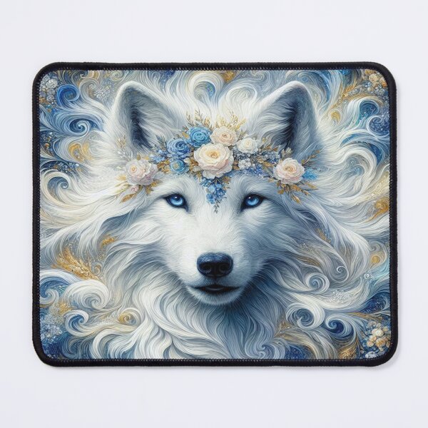 Item preview, Mystical White Wolf in the style of Claude Monet: Majestic Mane & Floral Art in Blue-Gold designed and sold by FotoworldEdel.