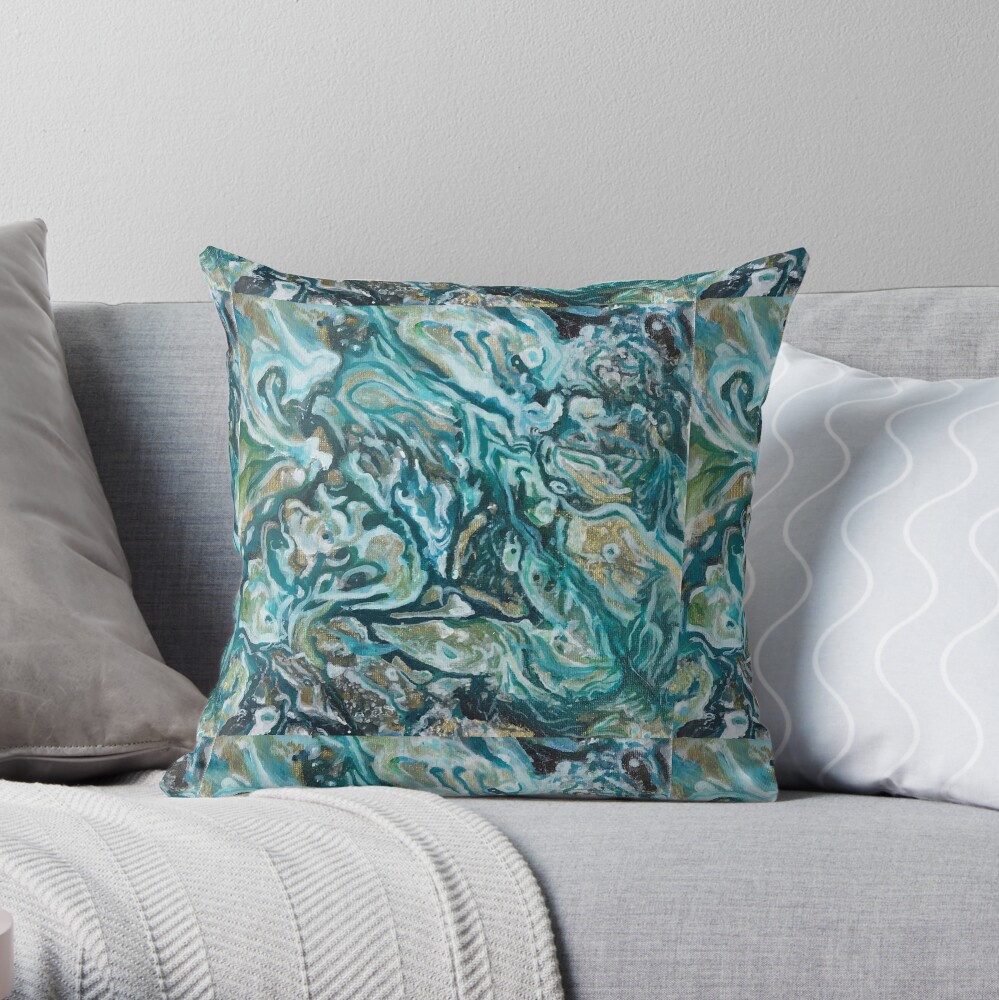 "Flow, Turquoise, Gold, " Throw Pillow by JohannaVictoria