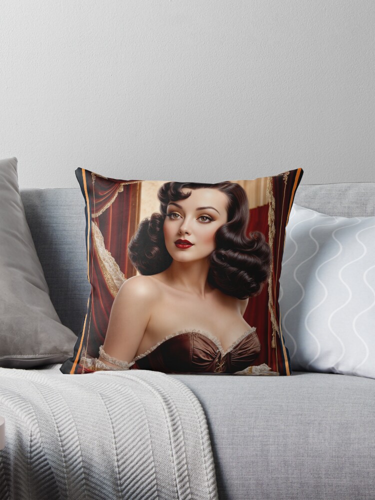 Vintage Glamour Pin-Up Girl In A Burgundy Corset Captivating AI Concept Art by Xzendor7 Decorative Art Print Throw Pillow
