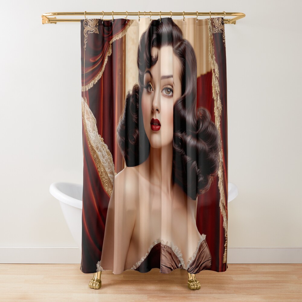 Vintage Glamour Pin-Up Girl In A Burgundy Corset Captivating AI Concept Art by Xzendor7 Decorative Art Print Shower Curtain