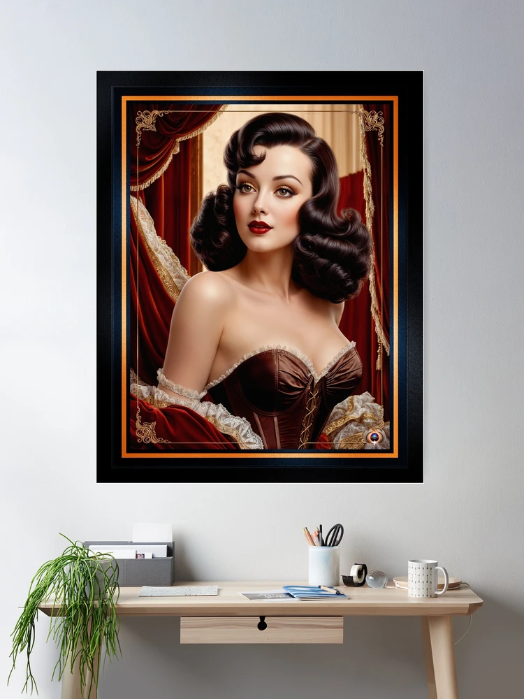 Vintage Glamour Pin-Up Girl In A Burgundy Corset Captivating AI Concept Art by Xzendor7 Wall Decor Poster Art Print