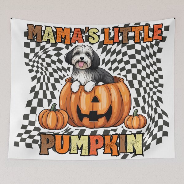 Item preview, "Mama's Little Pumpkin" - Havanese Dog Sitting in Halloween Pumpkin with Checkered Background designed and sold by GoodyPaws.