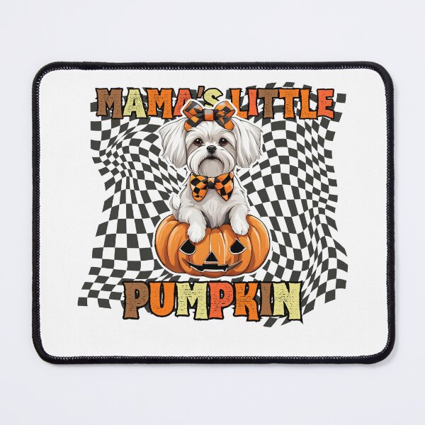 Item preview, "Mama's Little Pumpkin" - Maltese Dog Sitting in Halloween Pumpkin with Festive Checkered Background designed and sold by GoodyPaws.