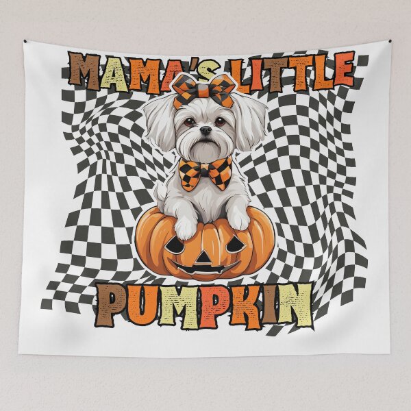 Item preview, "Mama's Little Pumpkin" - Maltese Dog Sitting in Halloween Pumpkin with Festive Checkered Background designed and sold by GoodyPaws.