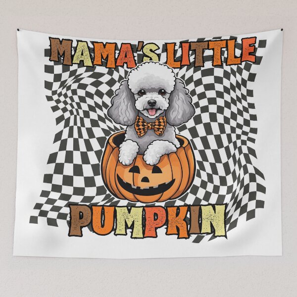 Item preview, "Mama's Little Pumpkin" - Medium Poodle Sitting in Halloween Pumpkin with Festive Checkered Background designed and sold by GoodyPaws.