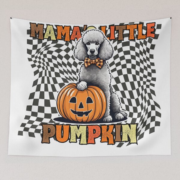 Item preview, "Mama's Little Pumpkin" - Standard Poodle Sitting in Halloween Pumpkin with Festive Checkered Background designed and sold by GoodyPaws.
