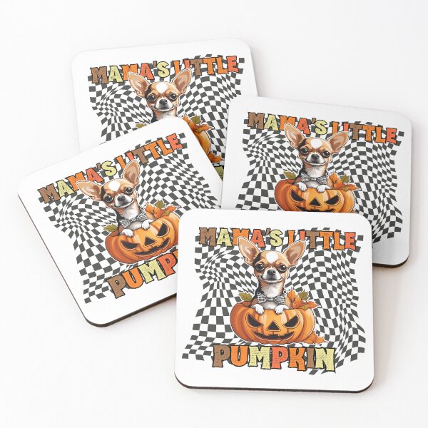 Item preview, "Mama's Little Pumpkin" - Chihuahua Sitting in Halloween Pumpkin with Festive Checkered Background designed and sold by GoodyPaws.