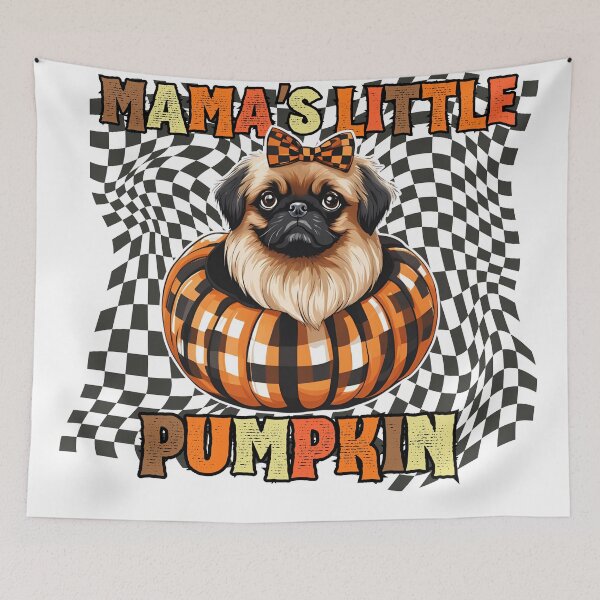 Item preview, "Mama's Little Pumpkin" - Pekingese in Halloween Pumpkin with Festive Checkered Background designed and sold by GoodyPaws.