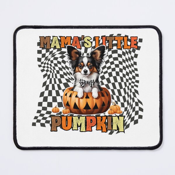 Item preview, "Mama's Little Pumpkin" - Papillon in Halloween Pumpkin with Festive Checkered Background designed and sold by GoodyPaws.