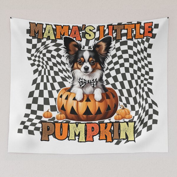 Item preview, "Mama's Little Pumpkin" - Papillon in Halloween Pumpkin with Festive Checkered Background designed and sold by GoodyPaws.