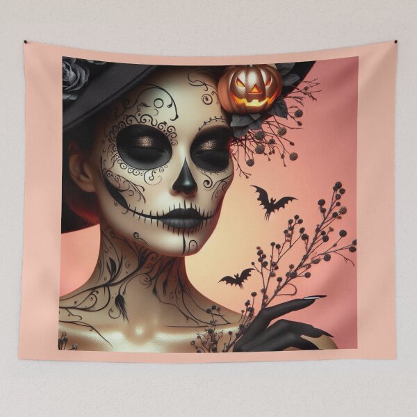 Item preview, Day of the Dead Sugar Skull Art with Pumpkin and Bats designed and sold by Nanthanon.