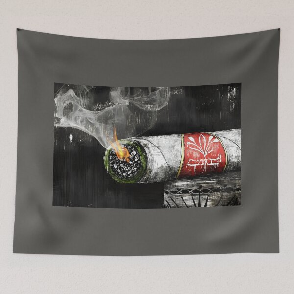 Item preview, Smoldering Cigar with Elegant Red Band and Curling Smoke on Dark Background AI Generated designed and sold by OlfactoART Studio.