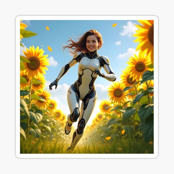 Item preview, Futuristic girl running through sunflower field designed and sold by Planet Utoppia.