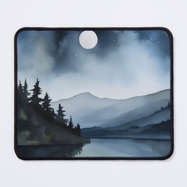 Item preview, Pintura de noche tranquila, arte mural tranquilo, pintura de acuarela de lago y luna designed and sold by Lightweav.