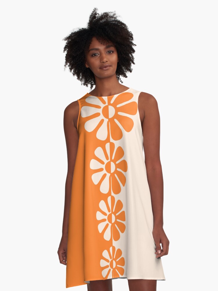 Thumbnail 1 of 4, A-Line Dress, 1960's Bold Retro Mod Flowers in Orange and Cream designed and sold by MellowCat.