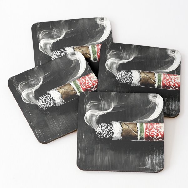 Item preview, Vibrant Cigar with Intricate Pattern and Swirling Smoke Against Dark Background designed and sold by OlfactoART Studio.