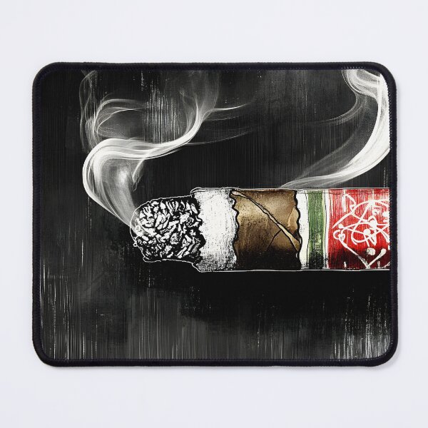 Item preview, Vibrant Cigar with Intricate Pattern and Swirling Smoke Against Dark Background designed and sold by OlfactoART Studio.