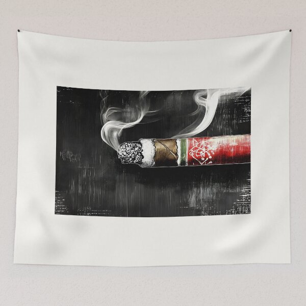 Item preview, Vibrant Cigar with Intricate Pattern and Swirling Smoke Against Dark Background designed and sold by OlfactoART Studio.