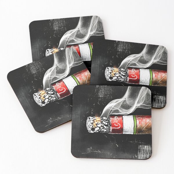Item preview, Burning Cigar with Red and White Banding Emitting Curling Smoke Against Dark Textured Background designed and sold by OlfactoART Studio.