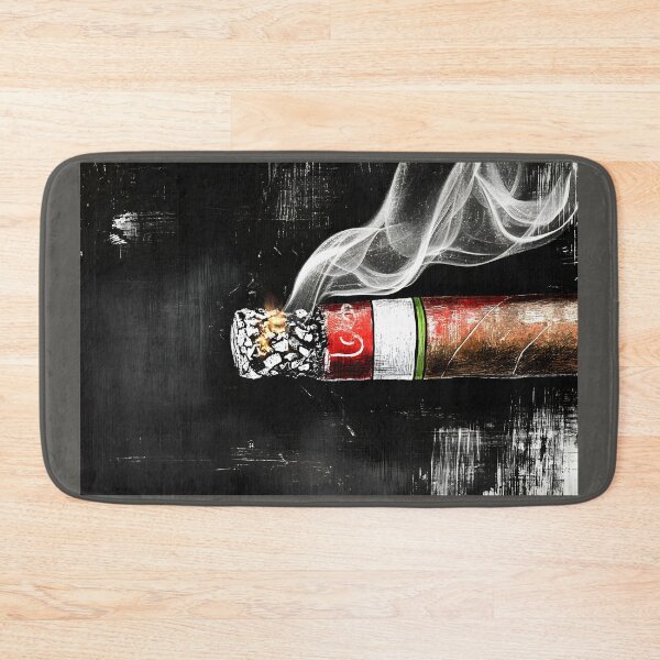 Item preview, Burning Cigar with Red and White Banding Emitting Curling Smoke Against Dark Textured Background designed and sold by OlfactoART Studio.