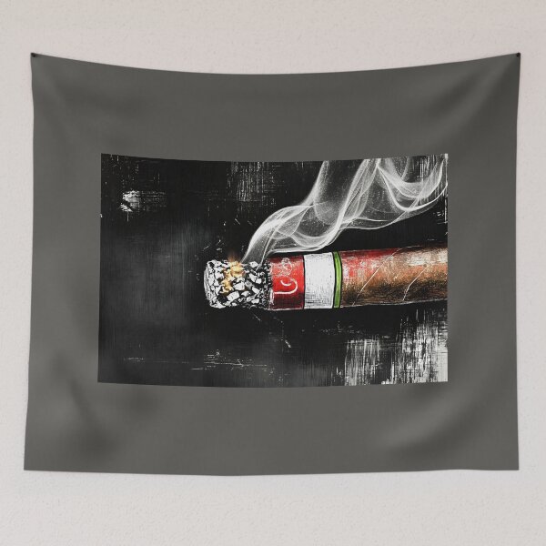 Item preview, Burning Cigar with Red and White Banding Emitting Curling Smoke Against Dark Textured Background designed and sold by OlfactoART Studio.