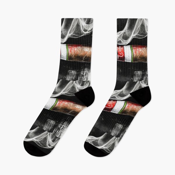 Item preview, Burning Cigar with Red and White Banding Emitting Curling Smoke Against Dark Textured Background designed and sold by OlfactoART Studio.