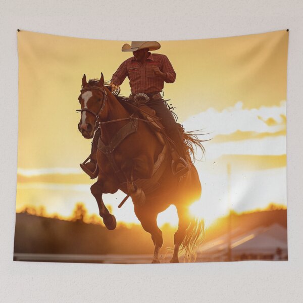 Item preview, Rodeo rider cowboy mid air sunset backdrop Active Outdoors Inspired Art designed and sold by CDC40.