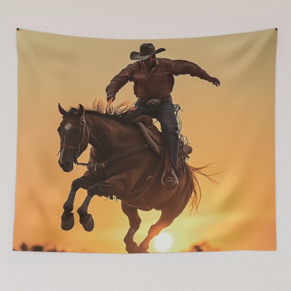 Item preview, Rodeo rider cowboy mid air sunset backdrop Active Outdoors Inspired Art designed and sold by CDC40.