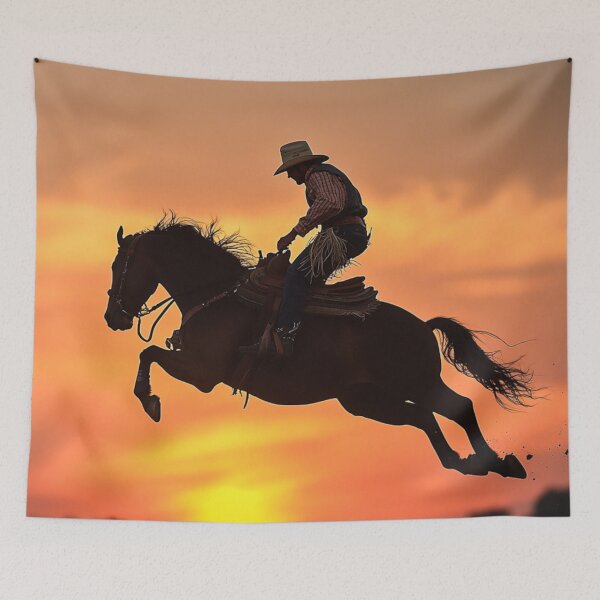Item preview, Rodeo rider cowboy mid air sunset backdrop Active Outdoors Inspired Art designed and sold by CDC40.