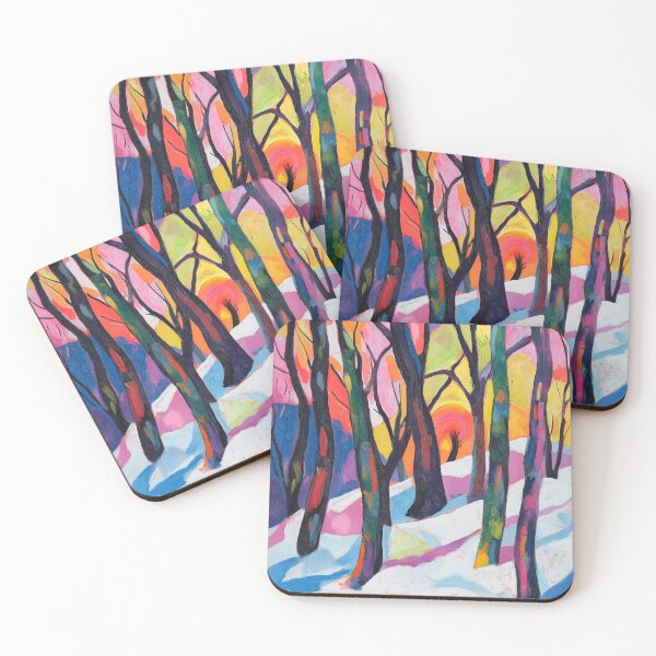 Item preview, El diseño de pintura vibrante representa una escena de bosque invernal con árboles estilizados y una puesta de sol colorida. designed and sold by HEMRO.