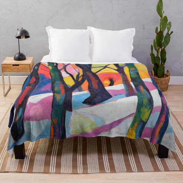 Item preview, El diseño de pintura vibrante representa una escena de bosque invernal con árboles estilizados y una puesta de sol colorida. designed and sold by HEMRO.