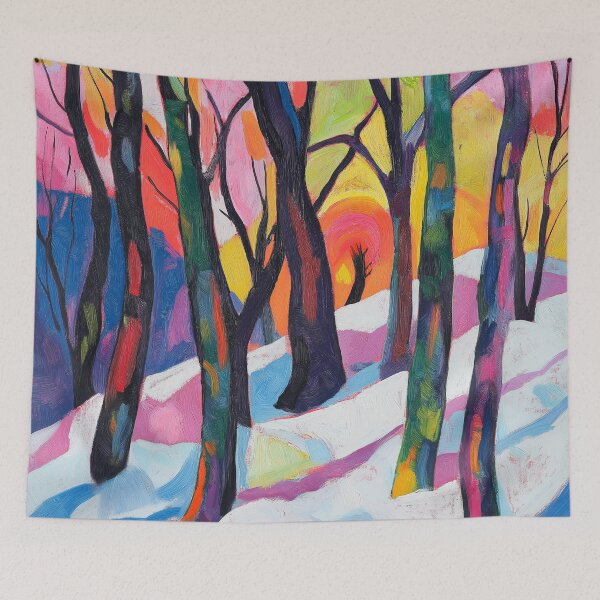 Item preview, El diseño de pintura vibrante representa una escena de bosque invernal con árboles estilizados y una puesta de sol colorida. designed and sold by HEMRO.
