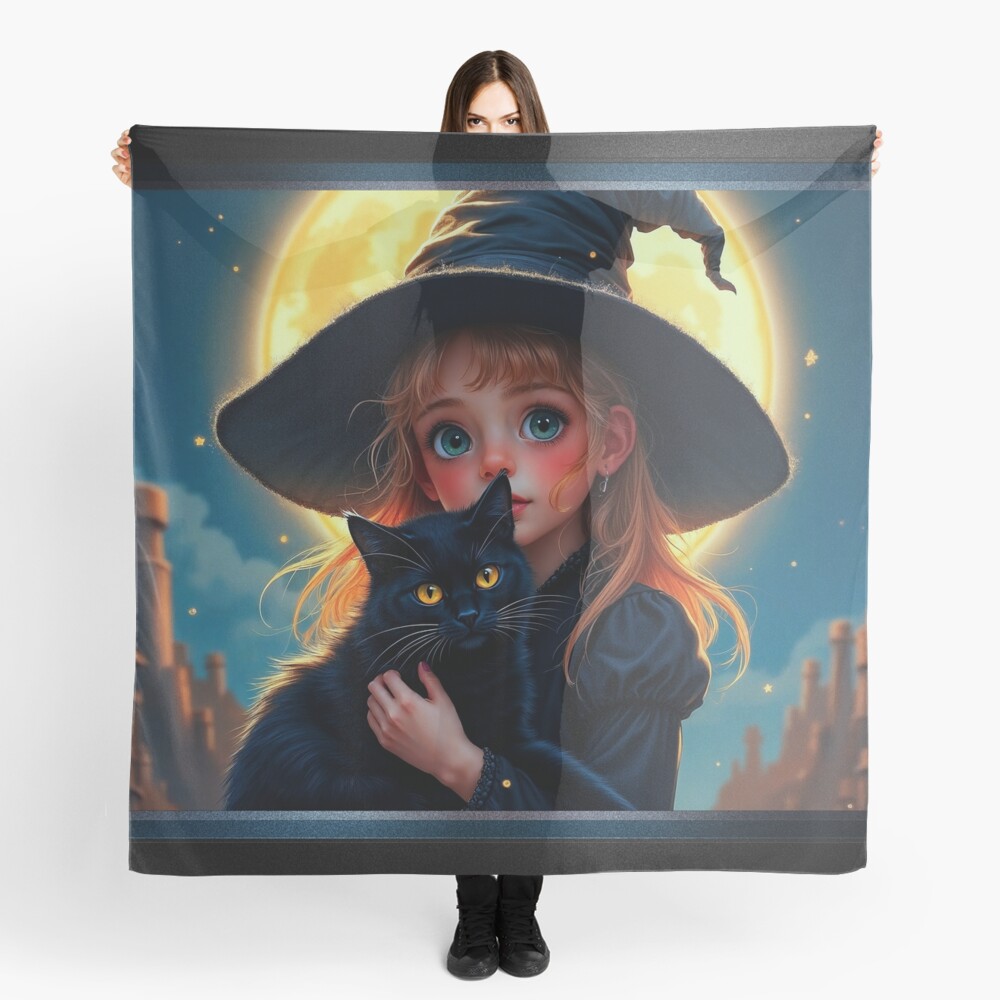 Whimsical Halloween Little Witch And Her Black Cat Adorable AI Concept Art by Xzendor7 Decorative Art Print Ladies Scarf