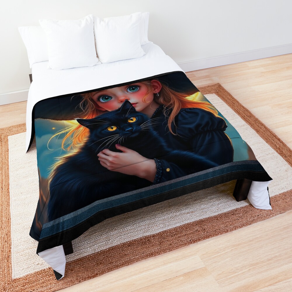 Whimsical Halloween Little Witch And Her Black Cat Adorable AI Concept Art by Xzendor7 Decorative Art Print Comforter