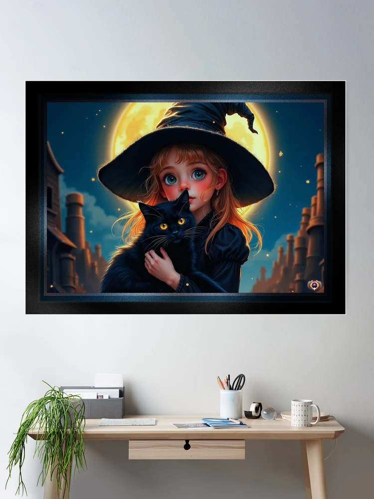 Whimsical Halloween Little Witch And Her Black Cat Adorable AI Concept Art by Xzendor7 Wall Decor Poster Art Print
