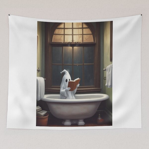 Item preview, cute ghost in bath Reading Book funny nursery Dark Academia  designed and sold by inkfluenceart.