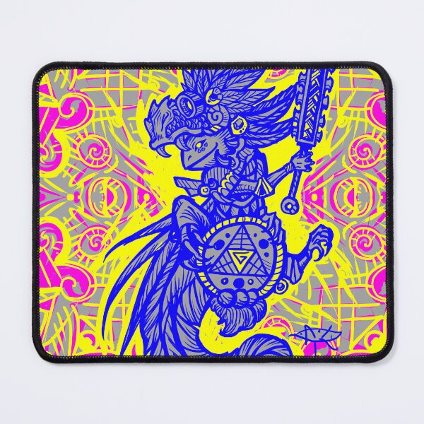 Item preview, yellow blue background Axolotl warrior with quetzalcoatl helmet designed and sold by UrielCalavera.