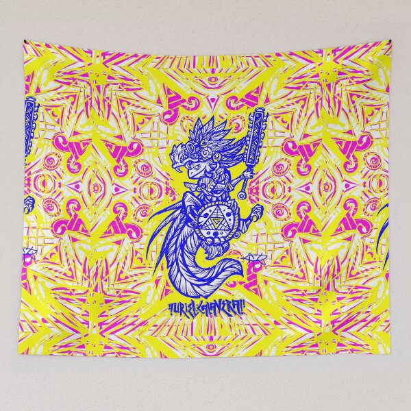 Item preview, yellow blue background Axolotl warrior with quetzalcoatl helmet designed and sold by UrielCalavera.