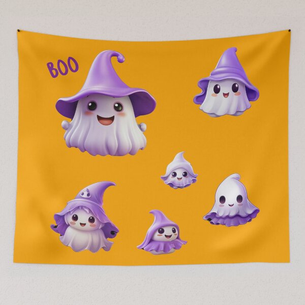 Item preview, Kawaii Halloween Ghosts in Purple Witch Hat Sticker Set designed and sold by KawaiiArtStyle.