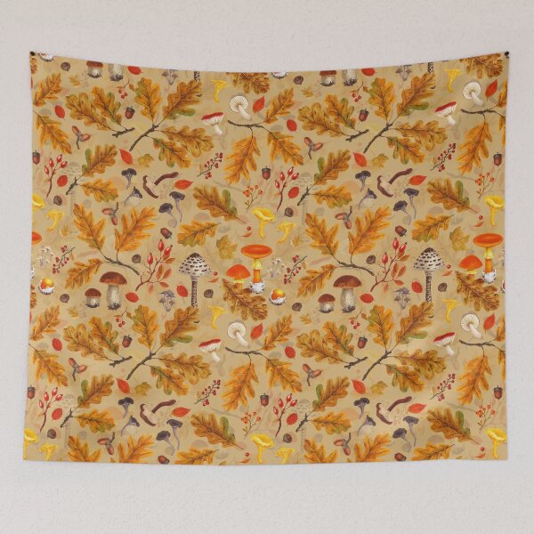 Item preview, Forest mushrooms and autumn flora on ochre designed and sold by Katerina Mitkova Kirilova.